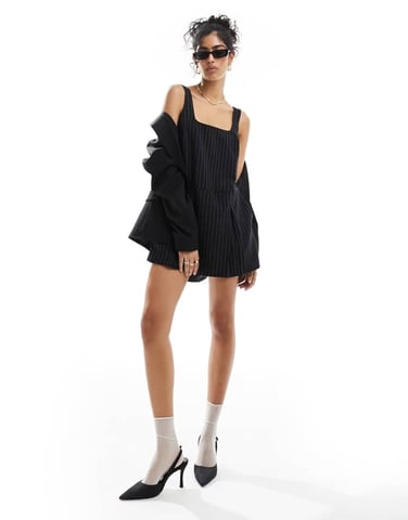 ASOS DESIGN square neck pinafore playsuit in black pinstripe
