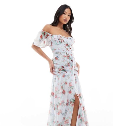 ASOS DESIGN Petite frill bardot ruched dress in blue floral print