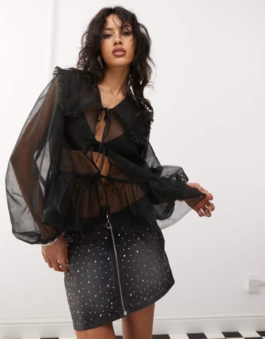 Monki low waist zip front embellished mini denim skirt in black