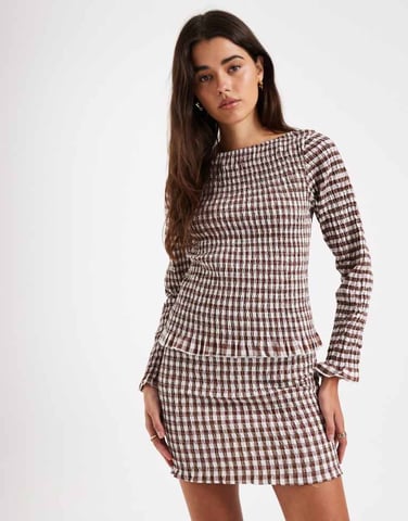 ASOS DESIGN shirred mini skirt co ord in brown gingham