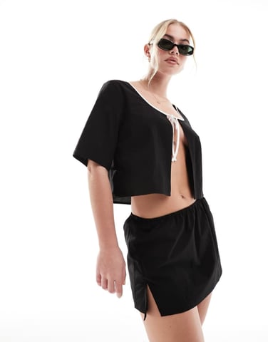 SNDYS cotton side split mini skirt co-ord in black