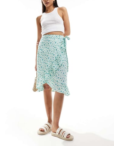 Vero Moda wrap front midi skirt in light blue floral
