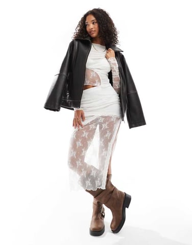 ASOS DESIGN co-ord lace and mesh mix midi skirt in white