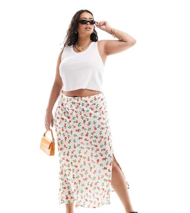 Pieces Curve side slit midi skirt in cream orange print
