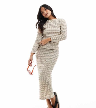 Vero Moda Petite textured midi skirt co-ord in beige