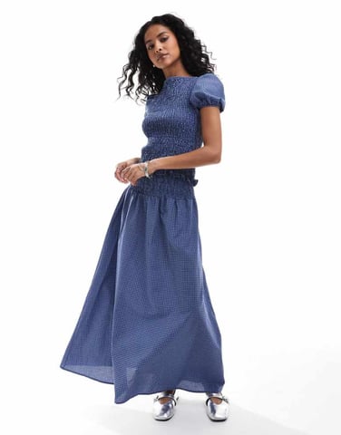ASOS DESIGN shirred maxi skirt co ord in blue check