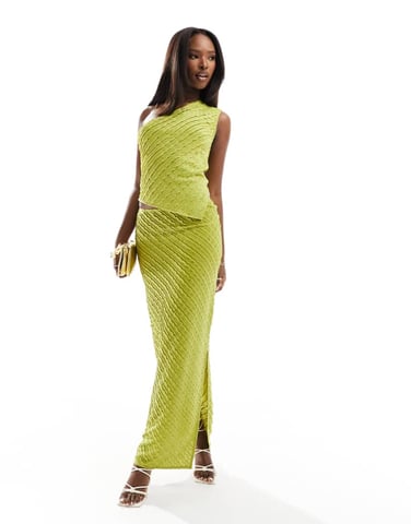 Kaiia exclusive textured column maxi skirt co-ord in lime
