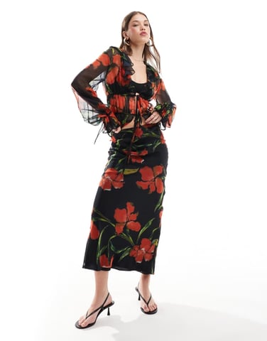 ASOS DESIGN chiffon bias maxi skirt co-ord in floral print