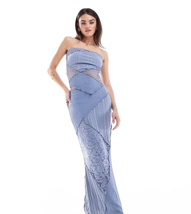 Miss Selfridge mixed texture fluted maxi skirt in blue
