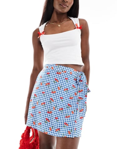 Pieces wrap front mini skirt in gingham cherry print
