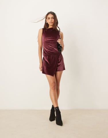 Miss Selfridge wrap over velvet skort in burgundy