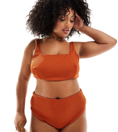 ASOS DESIGN Curve Emily rib high leg high waist bikini bottom in rust