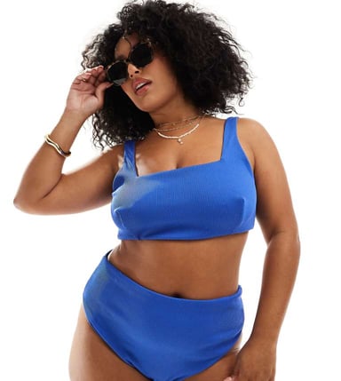 ASOS DESIGN Curve Emily rib high leg high waist bikini bottom in cobalt