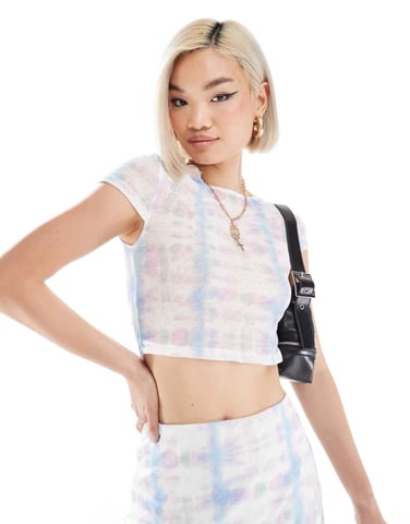 Noisy May cropped mesh t-shirt co-ord with abstract print in pastel