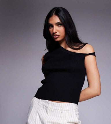 Kaiia exclusive ribbed knit off shoulder twist detail crop top in black