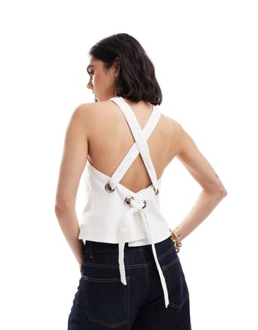ASOS DESIGN linen halter top with eyelet detail in white