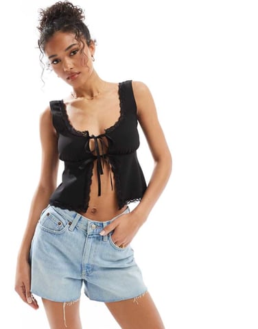ASOS DESIGN tie front milkmaid top with trim detail in black