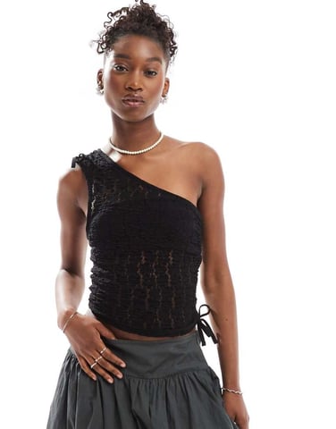 COLLUSION shoulder top with tie detail in black lace