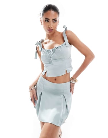 Kaiia exclusive satin bow tie sleeve cami top co-ord in blue