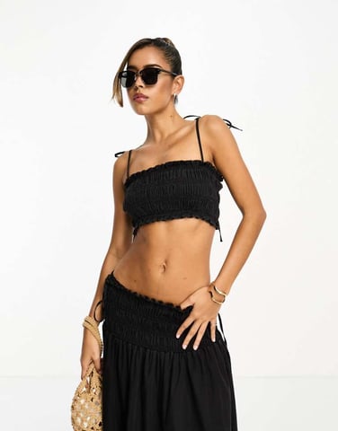 ASOS DESIGN soft denim ruched top in washed black co-ord