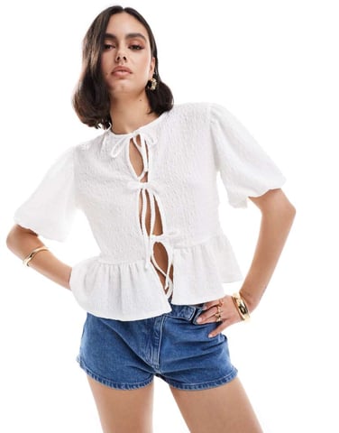 ASOS DESIGN textured volume sleeve tie front top in white