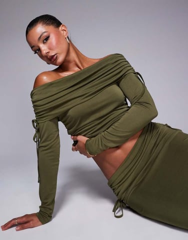 ASOS DESIGN soft handle off shoulder ruched long sleeve top in olive