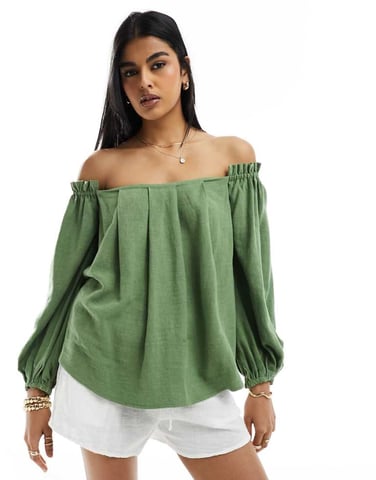 ASOS DESIGN linne-look off-shoulder veckad topp i khaki