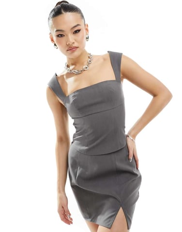 Kaiia exclusive tailored square neck corset back detail top co-ord in charcoal grey