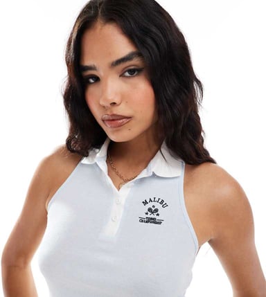Miss Selfridge backless racer polo top in blue
