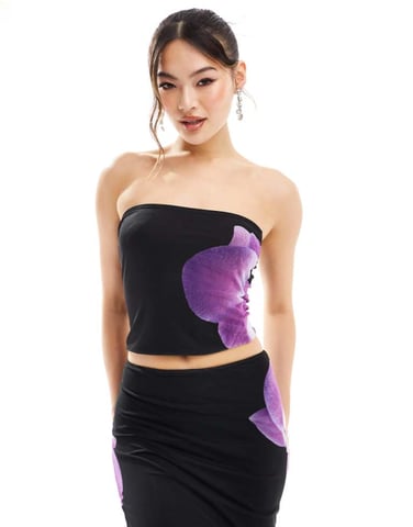 Kaiia bandeau top co-ord in black and purple flower print