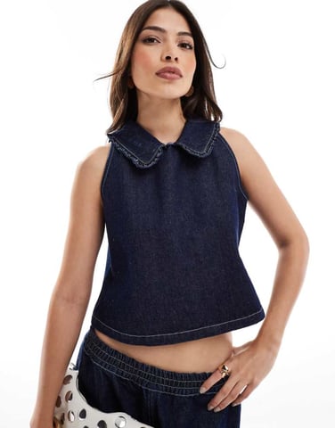 ASOS DESIGN denim frill collar top in indigo