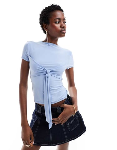 COLLUSION baby tee with bow front detail in light blue
