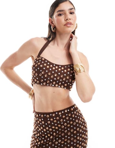 ASOS DESIGN premium embellished crop top co-ord in chocolate