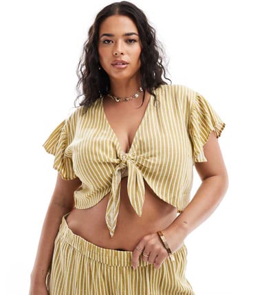 Noisy May Curve linen mix tie front top co-ord in yellow stripe