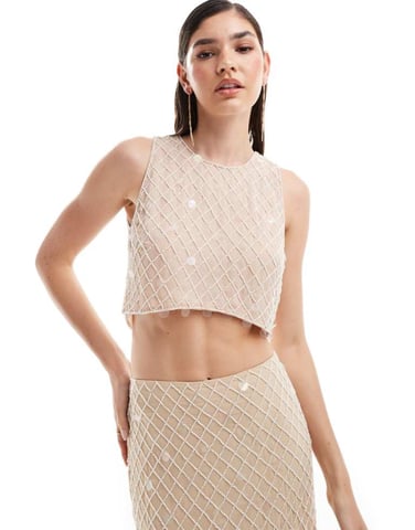 ASOS DESIGN premium embellished grid tank co-ord in cream