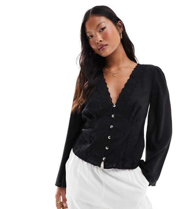 ASOS DESIGN Petite lace insert button down top in black