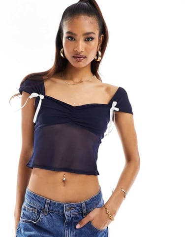 ASOS DESIGN bow cap sleeve top in navy