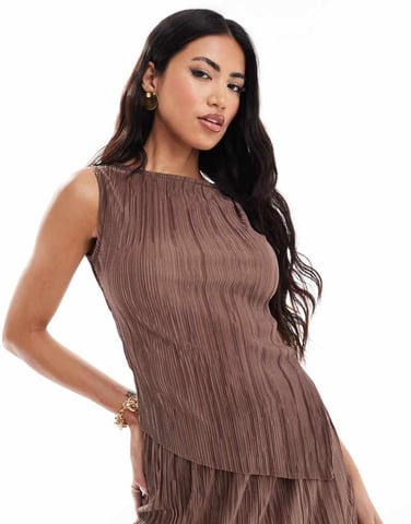 ASOS DESIGN plisse asymmetric slash neck top co ord in brown
