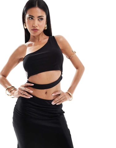 ASOS DESIGN double layer slinky one shoulder crop top with waist cut out in black