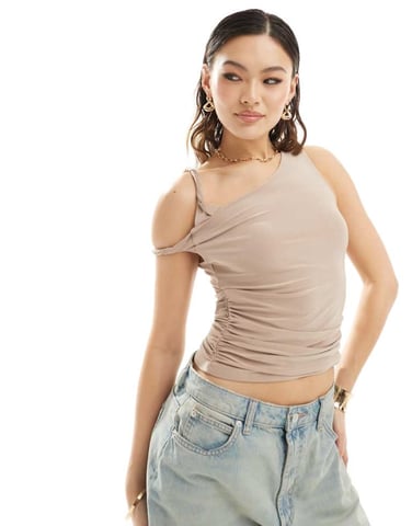 ASOS DESIGN draped top with twist straps in mushroom