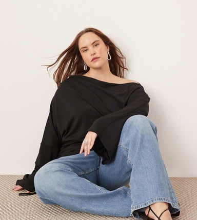 ASOS EDITION Curve jersey off shoulder top with ruched sleeve detail in black