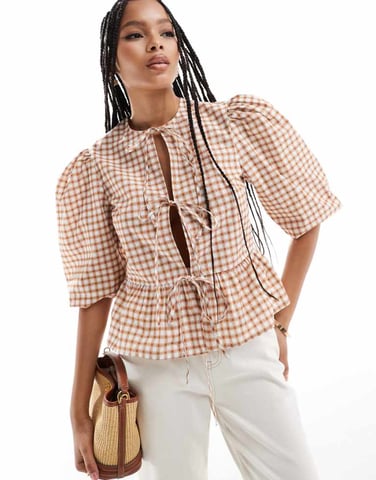 ASOS DESIGN cotton poplin peplum tie shirt top in brown check