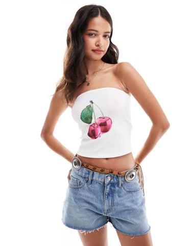 ASOS DESIGN textured bandeau top with cherry graphic in ivory