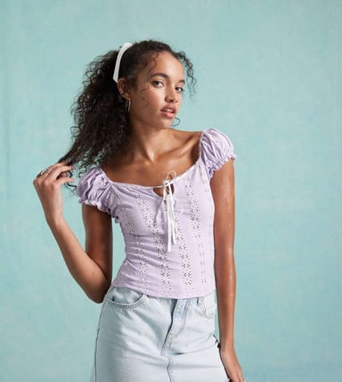 Miss Selfridge milkmaid top in lilac with contrast ribbons
