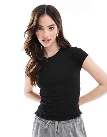 Cotton On pia shirred short sleeve top in black