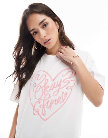 Cotton On premium boxy tee with okay fine graphic in white and pink
