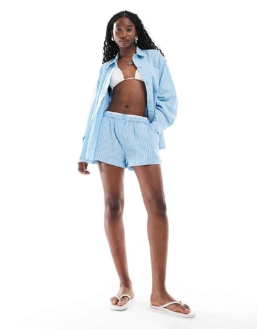 COLLUSION beach woven boxer shorts co-ord in blue stripe - LBLUE