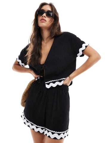 ASOS DESIGN pull on short with rik rak trim in black co-ord
