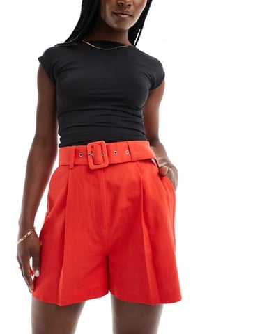 ASOS DESIGN skräddarsydda midjepants med bälte i linne i röd