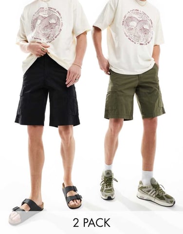 Jack & Jones 2 pack cargo short in black and khaki